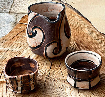 赤織部片口・ぐい呑　利茶土ミルグリム 作 Aka Oribe Katakuchi (Cold Sake Pitcher) & Guinomi